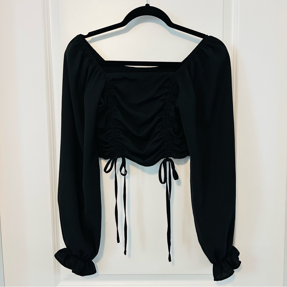 SHEIN Black Ruched Tie Front Crop Blouse